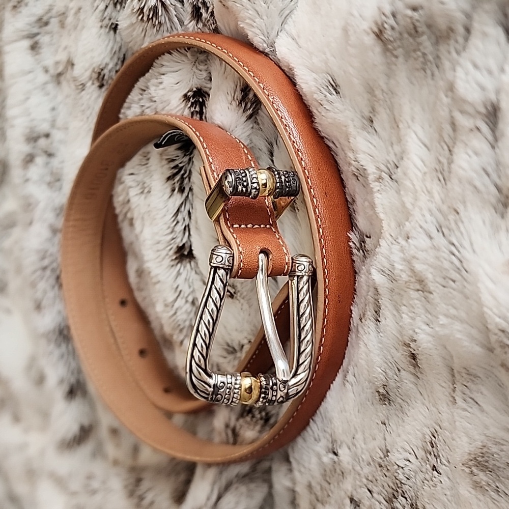 Brighton Tan Leather Belt with Silver & Gold Twist Buckle